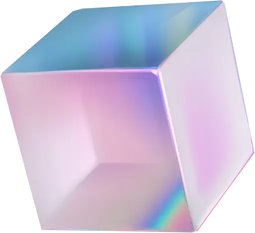 Iridescent hollow crystal cube shimmers with pastel colors, a modern art piece.
