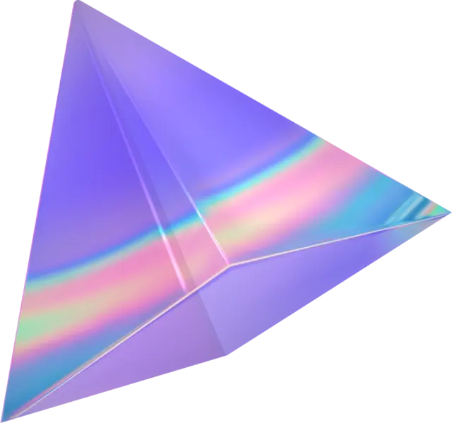 A 3D rendered, translucent tetrahedron with a holographic, iridescent surface showing pastel shades of blue, pink, and purple.