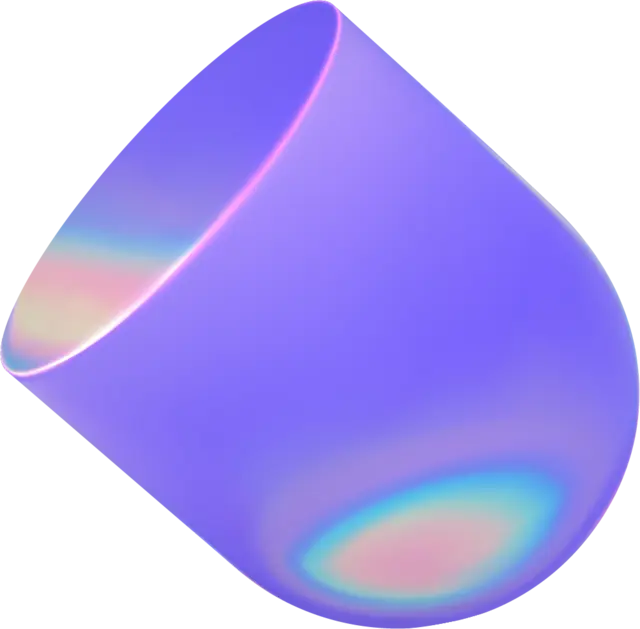 A 3D rendering of a translucent purple cylinder with a rounded top and a holographic sheen showing pastel colors.