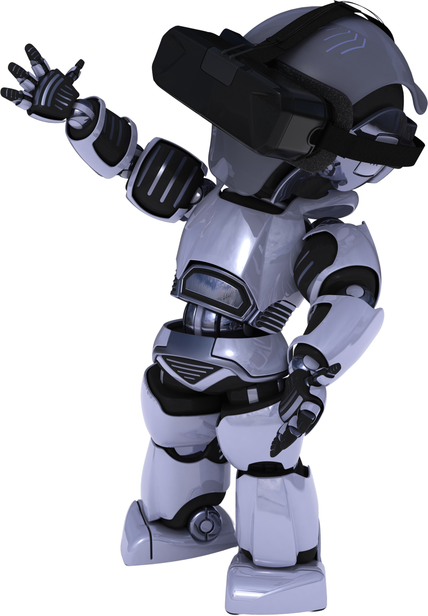 A 3D rendering of a futuristic white robot wearing a black virtual reality (VR) headset and reaching its hand forward.