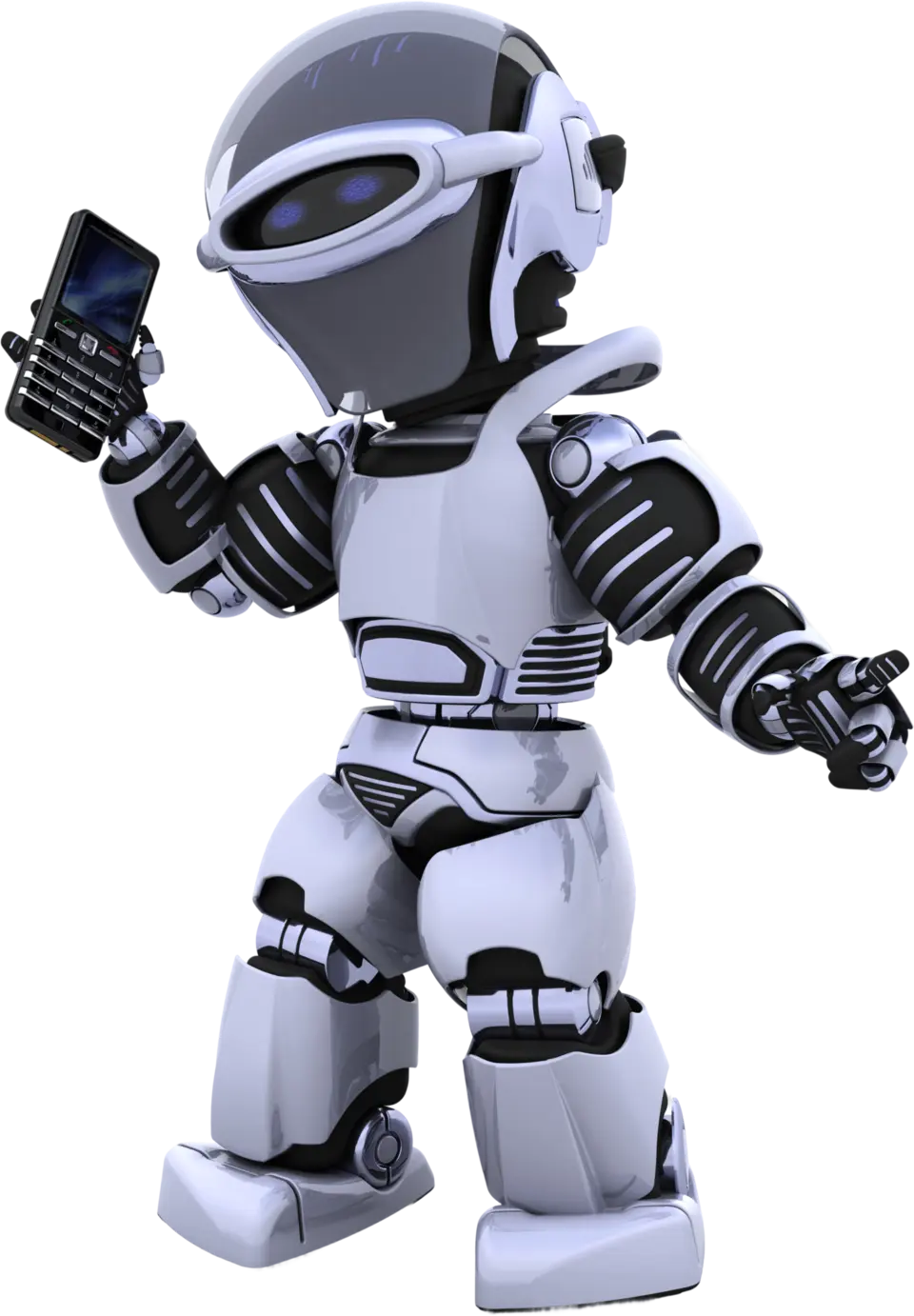 A 3D rendering of a futuristic white robot holding a modern black smartphone with its blue eyes glowing.